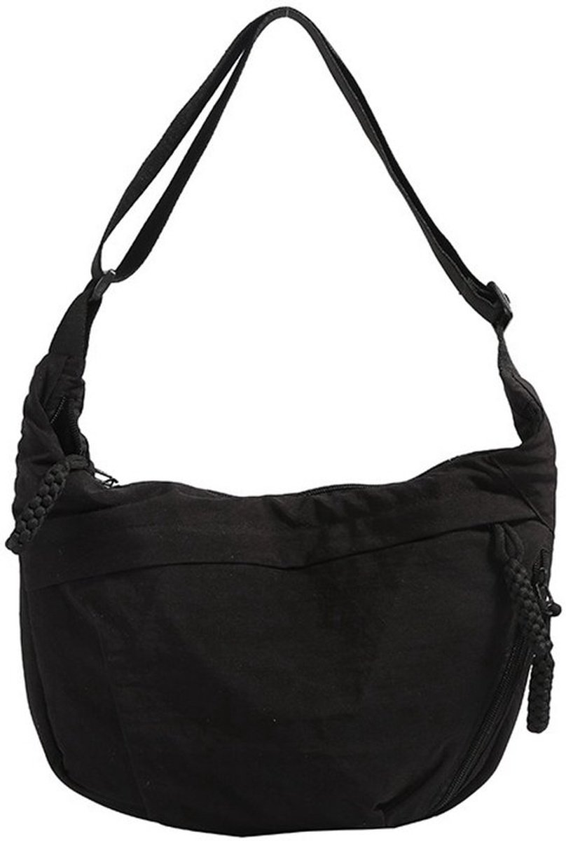 Dames schoudertas van nylon — Zwart — Ruime crossbodytas — Elegante halfronde handtas met ritssluiting, ideaal voor woon-werkverkeer, winkelen en reizen
