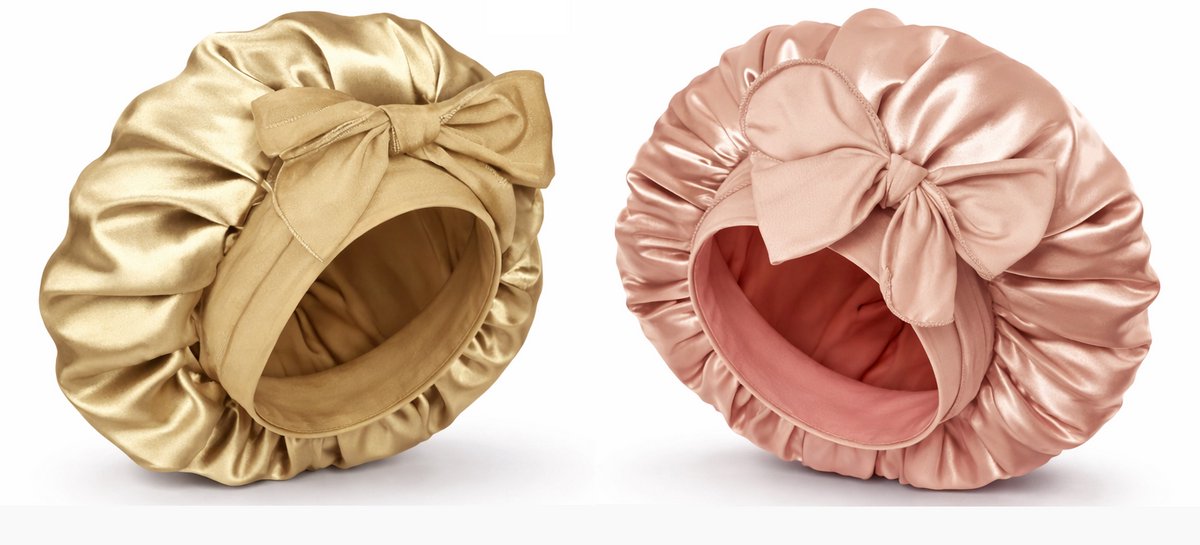 Satijnen Slaapmuts Dames Bonnet Set van 2 – Anti Pluis Haarbescherming – Voor Krullen, Kroeshaar en Lang Haar – Satijn Nachtmuts Champagne & Roze