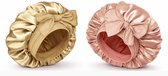 Satijnen Slaapmuts Dames Bonnet Set van 2 – Anti Pluis Haarbescherming – Voor Krullen, Kroeshaar en Lang Haar – Satijn Nachtmuts Champagne & Roze