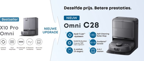 eufy Nieuw 2026 Robotstofzuiger met Dweil C28 Omni - HydroJet-zelfreinigende Dweilrol - Upgrade van X10 Pro - 15.000Pa Zuigkracht - Alles-in-1 Station - Automatisch Dweilen en Drogen - AI-obstakeldetectie