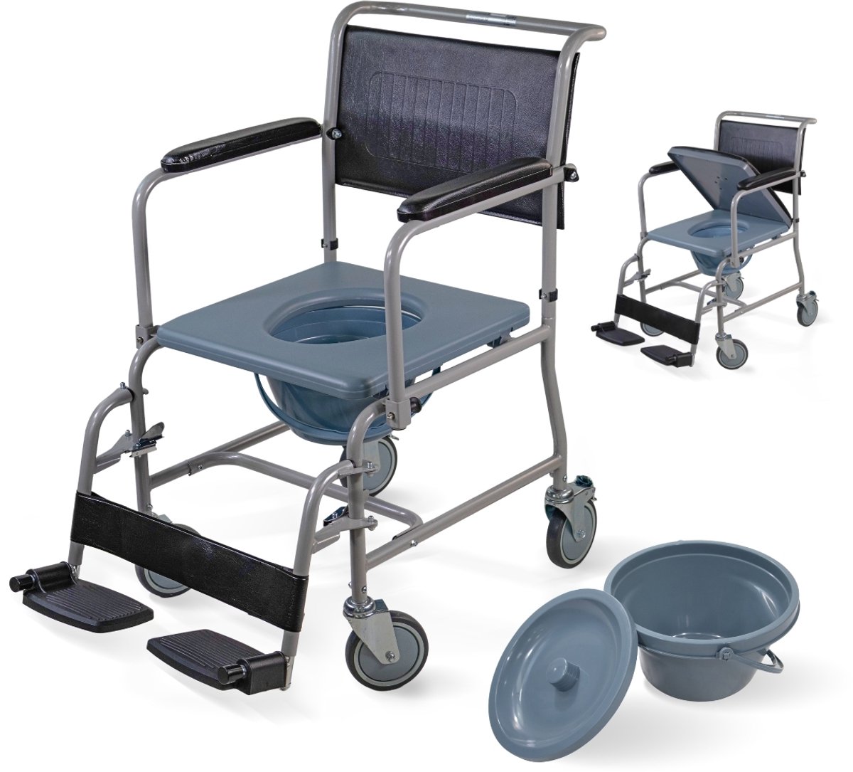 Mobiclinic Ancla - Toiletstoel - Met 4 wielen - Mobiele postoel - Deksel, voetensteun en emmer - Comfortabele zitting - Postoel - WC stoel - Compact en lichtgewicht - Staal - Bordeaux