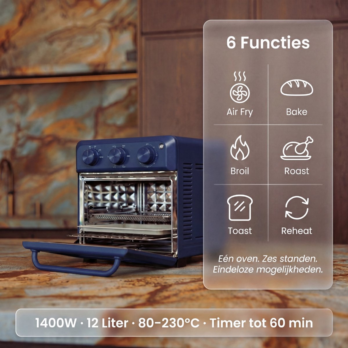 Safecourt 6-in-1 Airfyer oven - 100% PFAS-vrij - 6 programma’s - 80 tot 230 graden - Airfryer, bakken, roosteren, toasten, grillen & opwarmen - Blauw – foto 3
