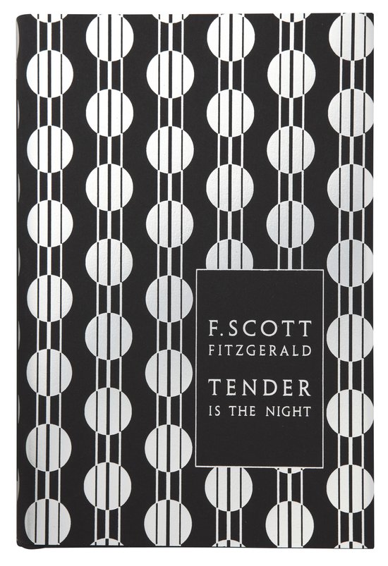 Livre "Tender Is The Night" de F. Scott Fitzgerald, avec un motif de cercles noirs et blancs et des rayures verticales blanches.
