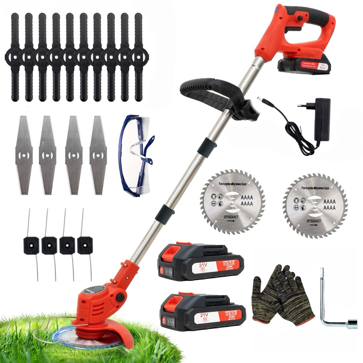 Accu grastrimmer met accu,OUTIGO opvouwbare grasmaaier, Draadloze grasmaaier, gazonkantentrimmer met 2 accu's 21V en 4 mestypen + 1 tuinschaar