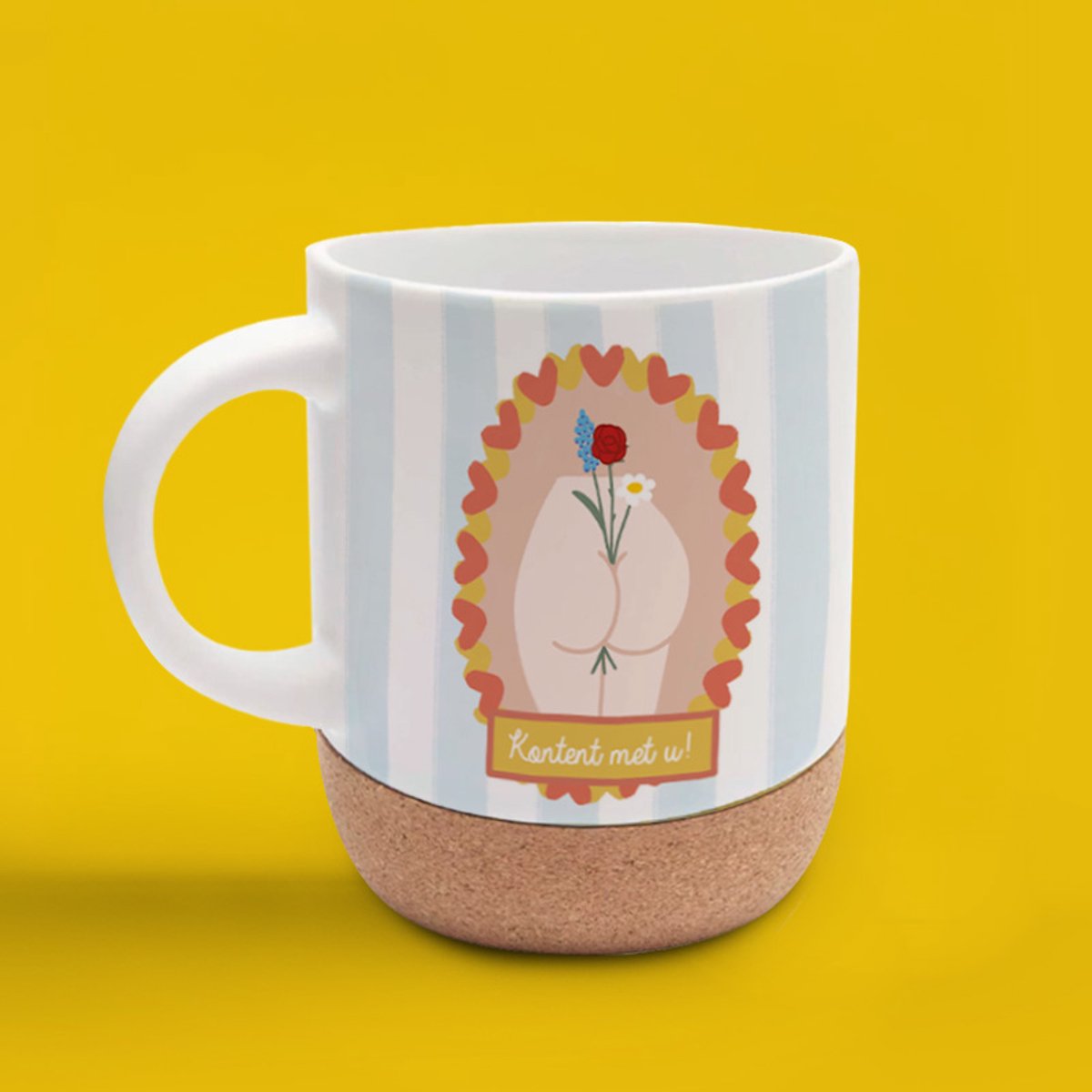 Leuke mok - grappige Mok - kontent met u - origineel, hand getekend design - hand bedrukt - herbruikbare mok - to go - reisbeker - koffietijd - teatime - afneembare kurken onderzetter