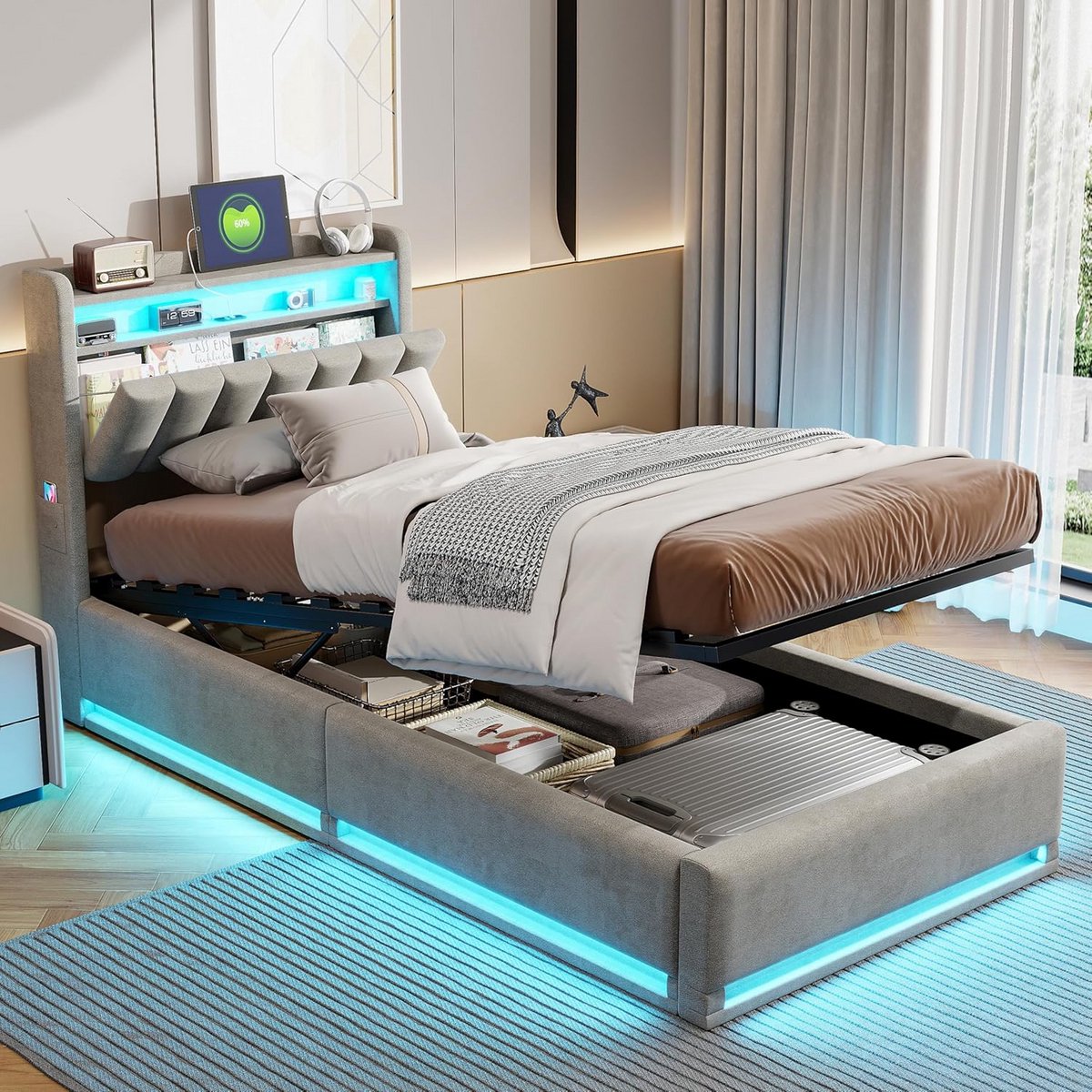 Gestoffeerd Tweepersoonsbed met Opbergruimte, USB en LED-Verlichting