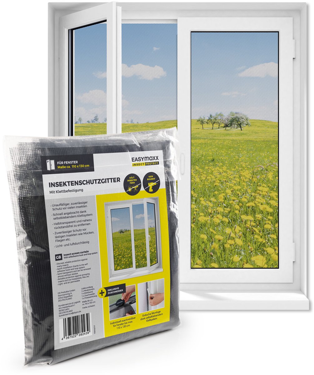 EASYmaxx Vliegengaas voor ramen, montage zonder boren, op maat te snijden, insectenbescherming voor ramen tot 110 x 130 cm, muggenbescherming, vliegennet, klittenband, zelfklevend, zwart, 1 stuk