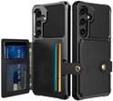 Zwarte telefoonhoes met uitklapbare portemonnee en drukknoopsluiting, en een aparte hoes met portemonnee.