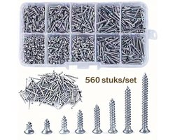 560 stuks Zelfborende Houtschroeven Set – Kruis / Platkop – Gemengde Zelfborende Schroeven – 8 Maten – Voor Hout en Metaal