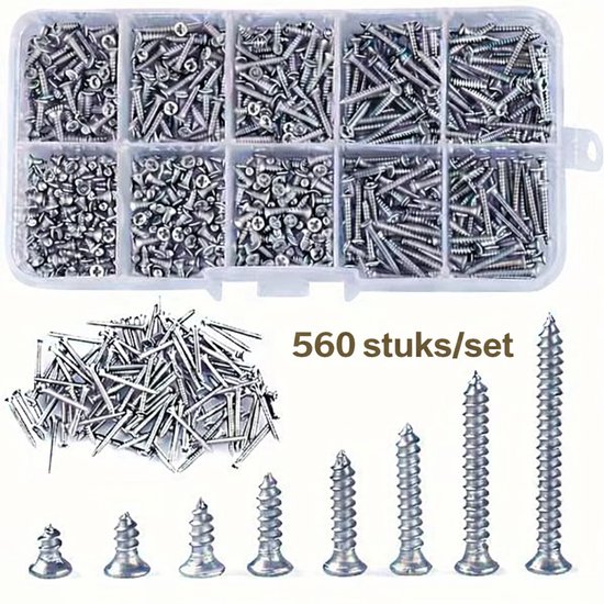 Een assortiment van 560 stuks zelfborende schroeven, inclusief spijkers, georganiseerd in een transparante doos en gesorteerd op grootte.