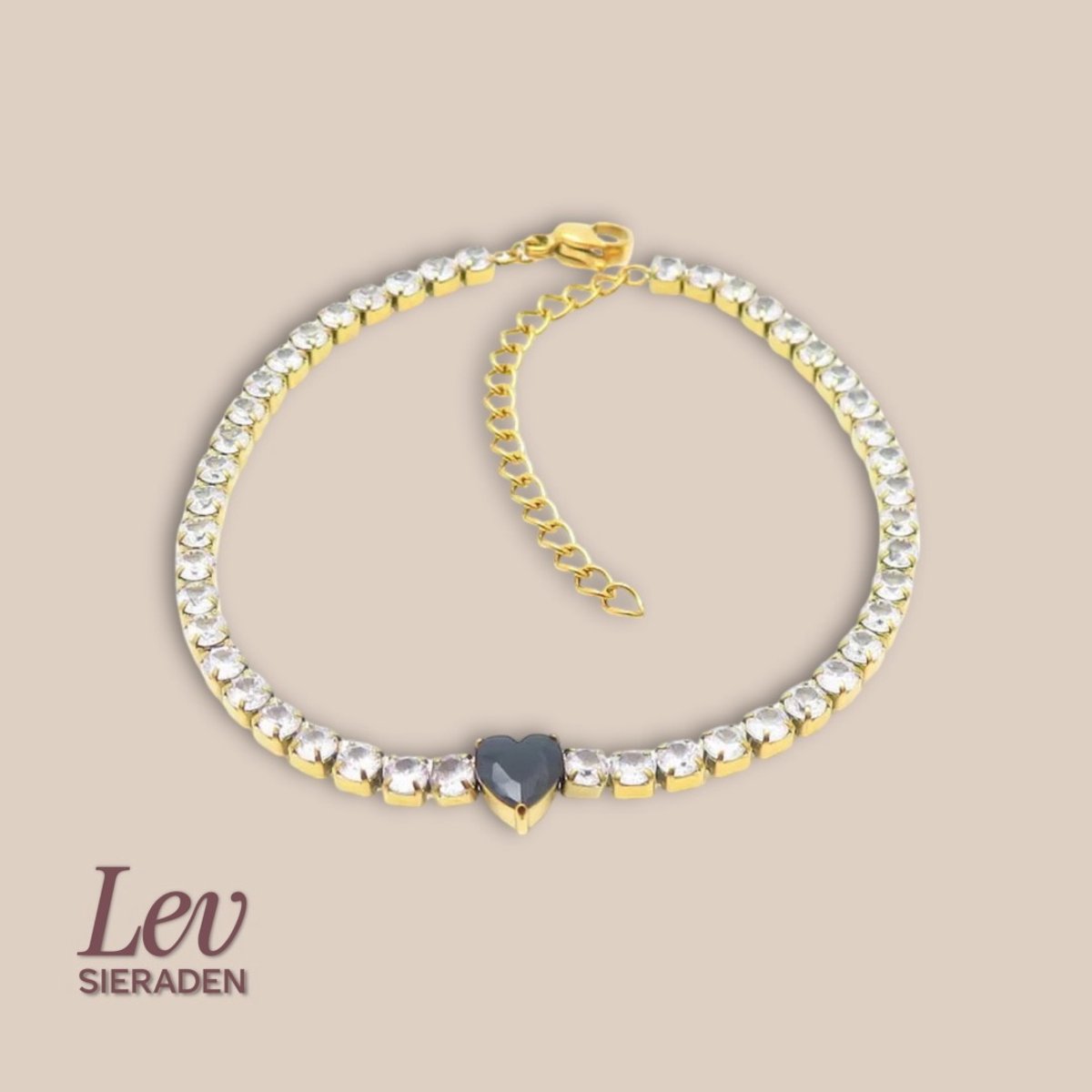Lev Sieraden - klassieke Tennisarmbandje in goud met Zirkonia en zwart hartje - 17.8+3cm - Armband - Hartjes steen - RVS Goud plated