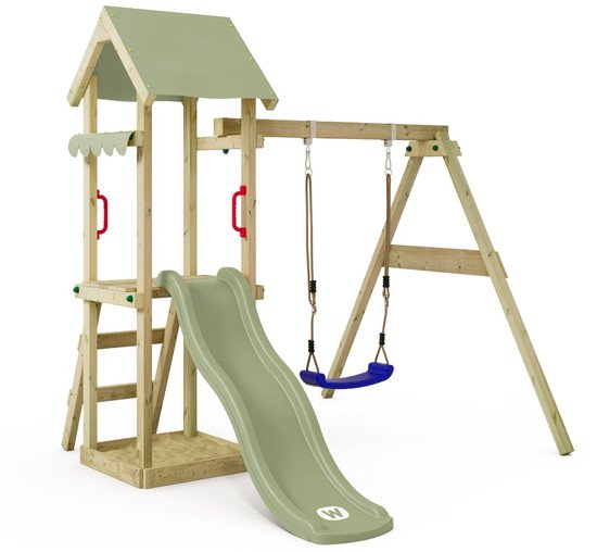 Wickey TinyWave Speeltoestel - Schommel met Glijbaan en Zandbak - Dakzeil & Zonnescherm - 260x273x220 cm - Pastelgroen