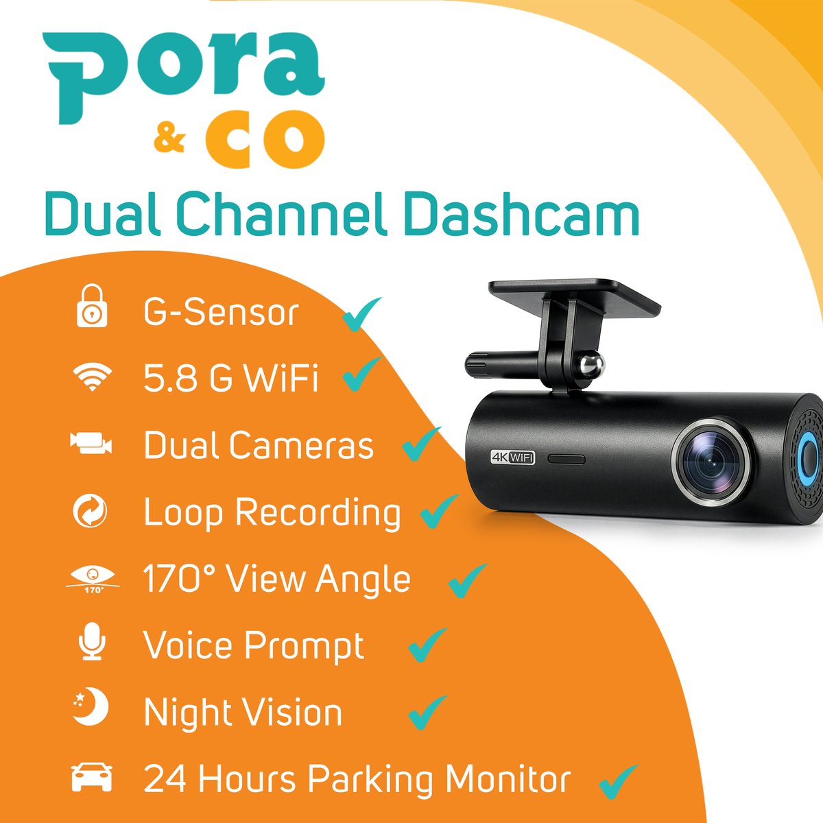 Pora&Co Dashcam Dual Lens 4K – Voor & Achter Camera – Ultra HD – Nachtzicht – Parkeermodus thumbnail 4