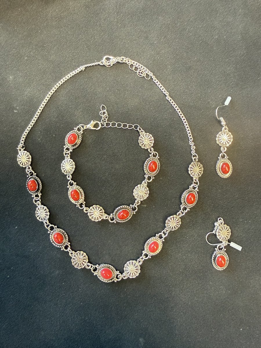 My Sweet Romance® - dames ketting met armband met oorbellen - sieradenset 3-delig zomer - zilverkleurig - rood - ketting 42 cm (plus 5), armband 18 cm (plus 5) en oorbellen 5,5 cm