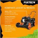FUXTEC grasmaaier met oranje accenten en tekst 'KOMPAKT, LEICHT & WENDIG'.