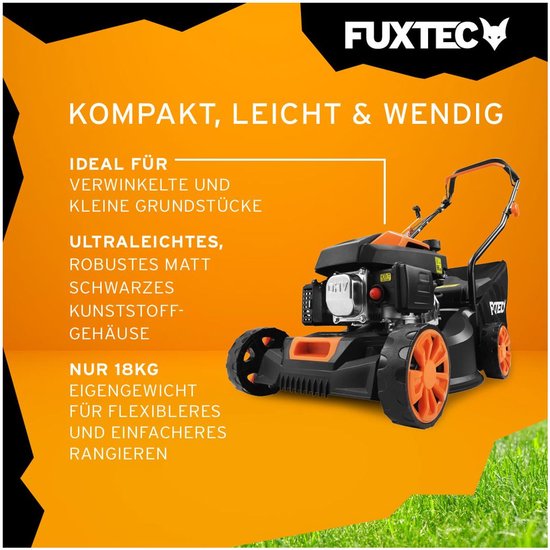 FUXTEC grasmaaier met oranje accenten en tekst 'KOMPAKT, LEICHT & WENDIG'.