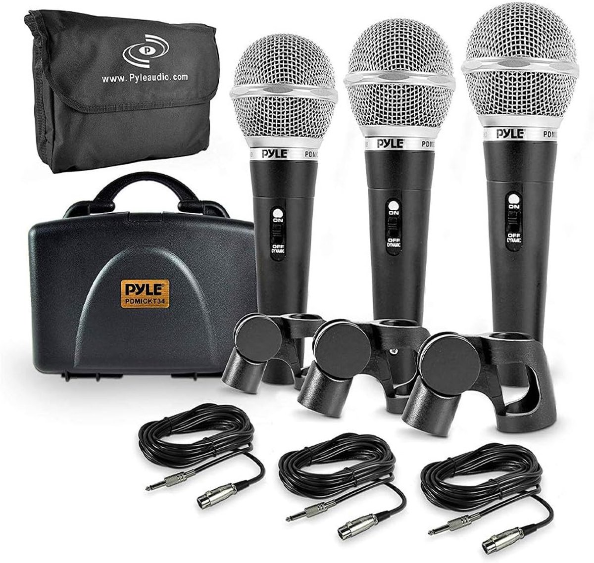 Pyle Mocrofoon – Dynamische Microfoonset (3-delig) - Handmicrofoon – Met Hardcase & Opbergtas – Inclusief Microfoonclip en 8 m XLR-naar-6,35 mm Kabel – Zwart