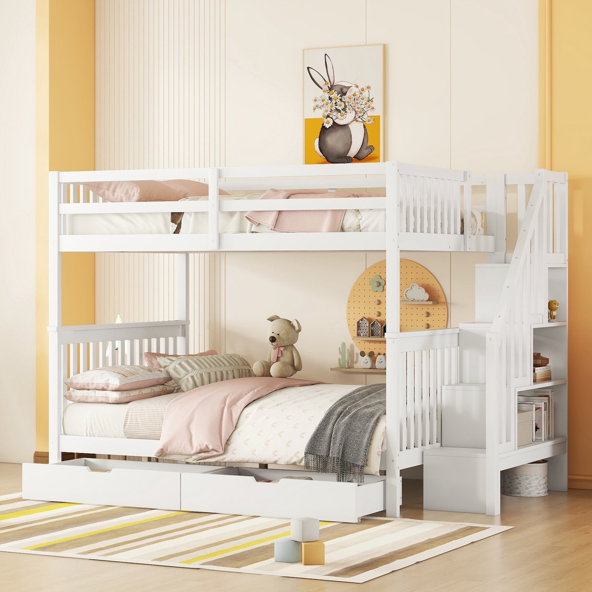Clruro Stapelbed - 140x200 cm - Met Opbergtrap En 2 Lades - Zonder Matras - Hout - Wit