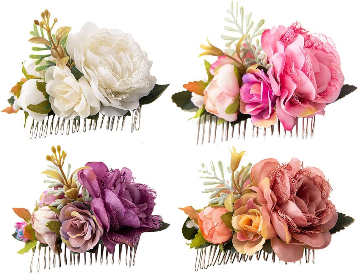 Set van 4 Elegante Metalen Haarkammen met Kunstbloemen - Bruiloft & Feest Haaraccessoires
