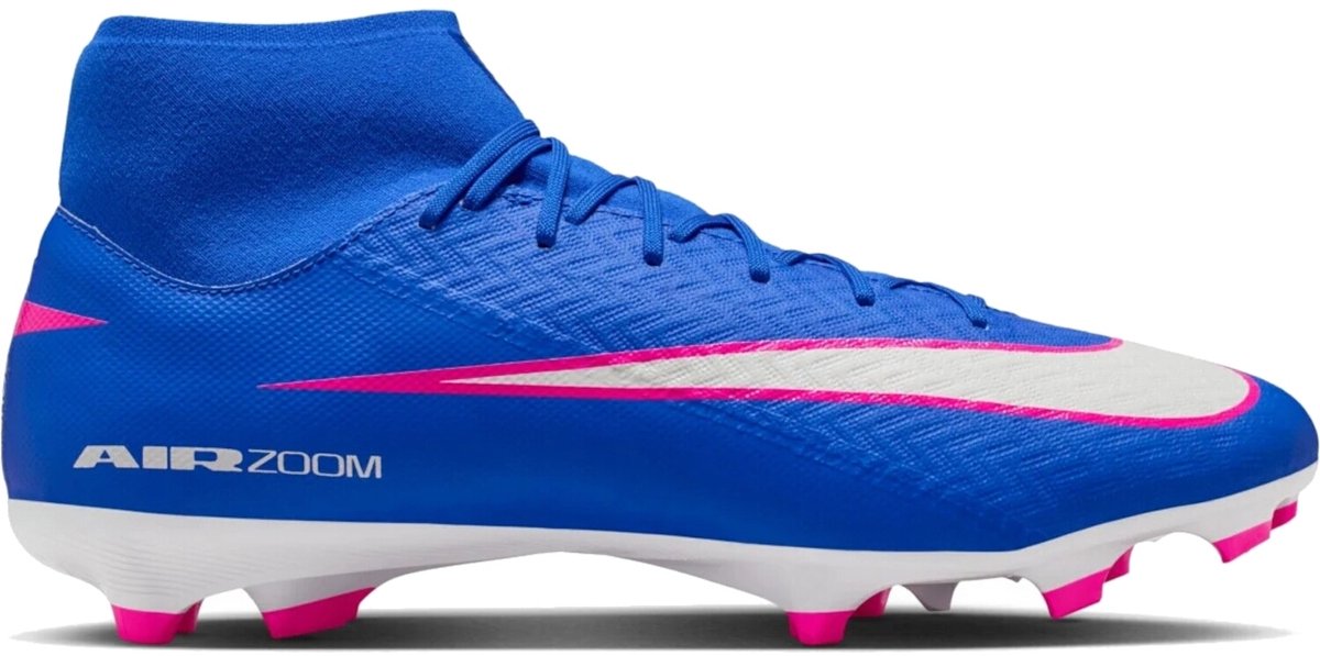 Nike Voetbalschoen Zoom Mercurial Superfly 10 in blauw met roze accenten, maat 38.5, met Zoom Air unit en NikeSkin bovenwerk.