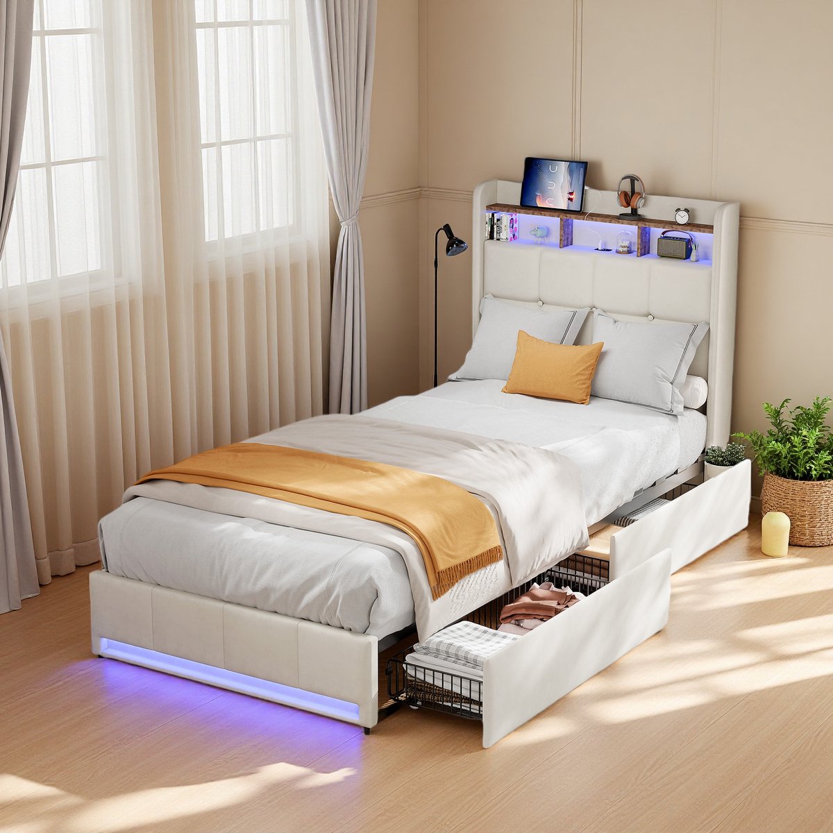 SHOPENTRA Eenpersoonsbed 90×200 met USB & Type-C – LED Hoofdbord – 2 Lades – Beige Stof – Opbergbed