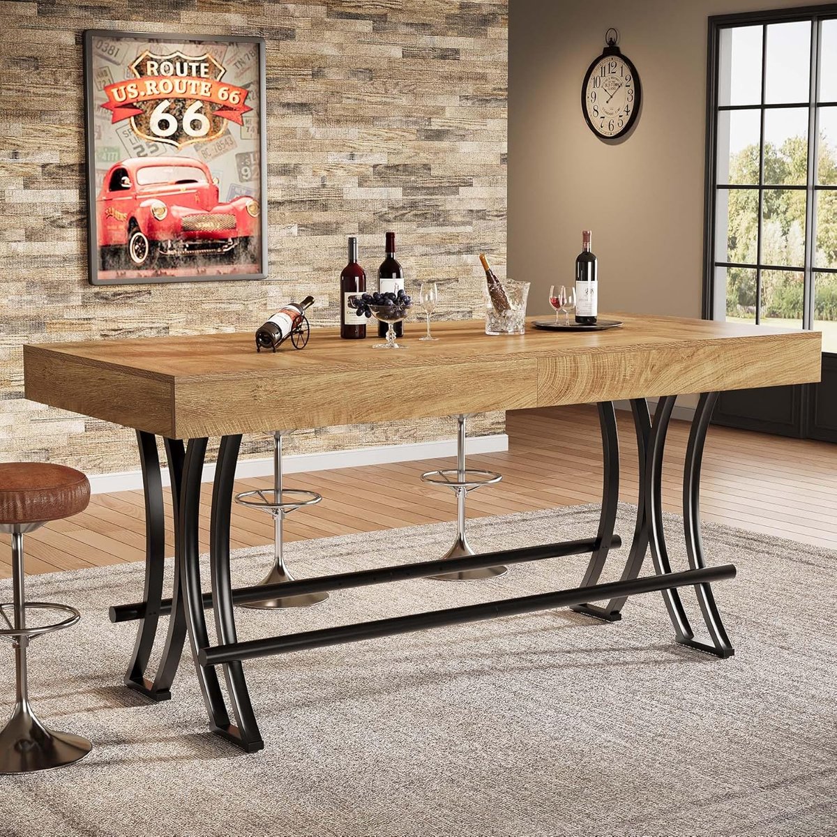 Tribesigns 160 cm Hoge Bartafel met Metalen Voetsteun - Rechthoekige Hoge Keuken en Pubtafel - Industriële Thuisbarunit - Bruin