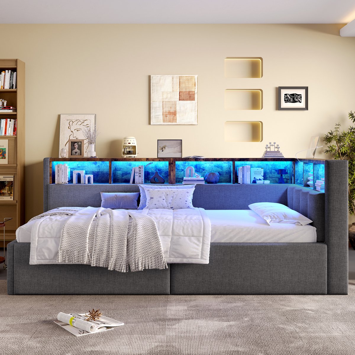 Wishdor Slaapbank 90x200 cm – Hydraulische Opbergruimte – USB en Type-C – LED met App – Linnen – Grijs