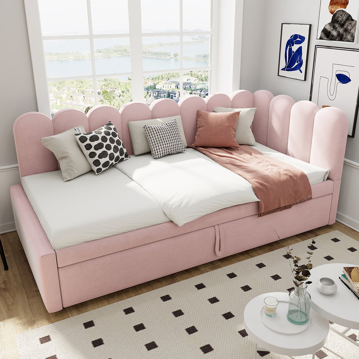 Wishdor Slaapbank L-Vorm 90/180x200 cm – Uitschuifbaar Onderbed – Fluweel – Roze