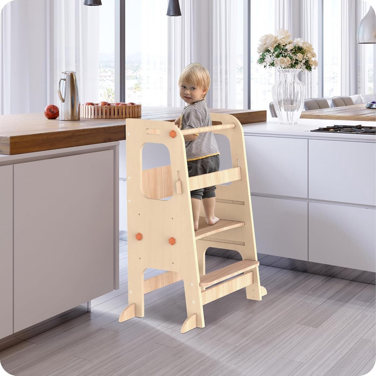 Houten Leertoren - Keukenkruk Peuter - Kinderen Helpen - In Hoogte Verstelbaar - 40x90x43 cm - Natuurlijk Hout