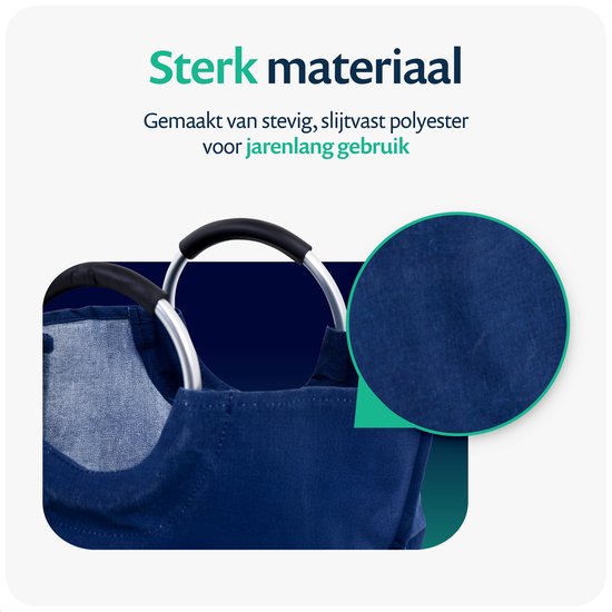 Close-up van de textuur van een donkerblauwe wasmand, gemaakt van sterk, slijtvast polyester met zilverkleurige handvatten.