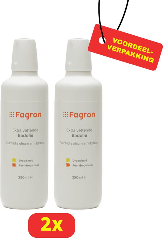 Twee witte flessen Fagron Extra Vettende Badolie, 250 ml elk, met rode "Voordeel-Verpakking" sticker en "2x" indicator.