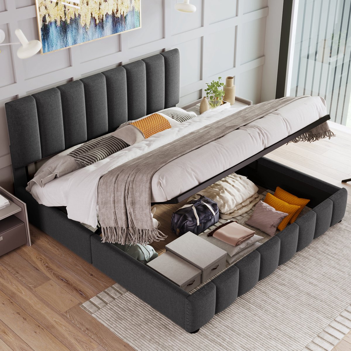 FloraGrace Gestoffeerd Bed 140x200cm – Hydraulisch Opbergbed Met Verstelbaar Hoofdbord – Met Lattenbodem – Voor Slaapkamer – Linnen – Grijs – Zonder matras