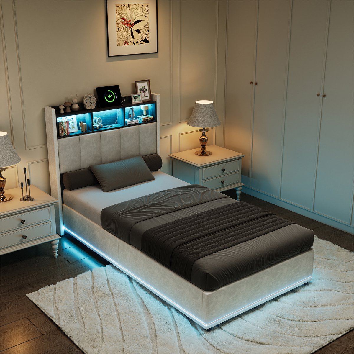 SHOPENTRA Eenpersoons Opbergbed 90×200 – Wit Fluweel – LED Bedbodem & Hoofdbord – USB & Type-C – Gaslift Opbergruimte