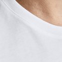 Detailopname van de witte halslijn van een Jack & Jones t-shirt.