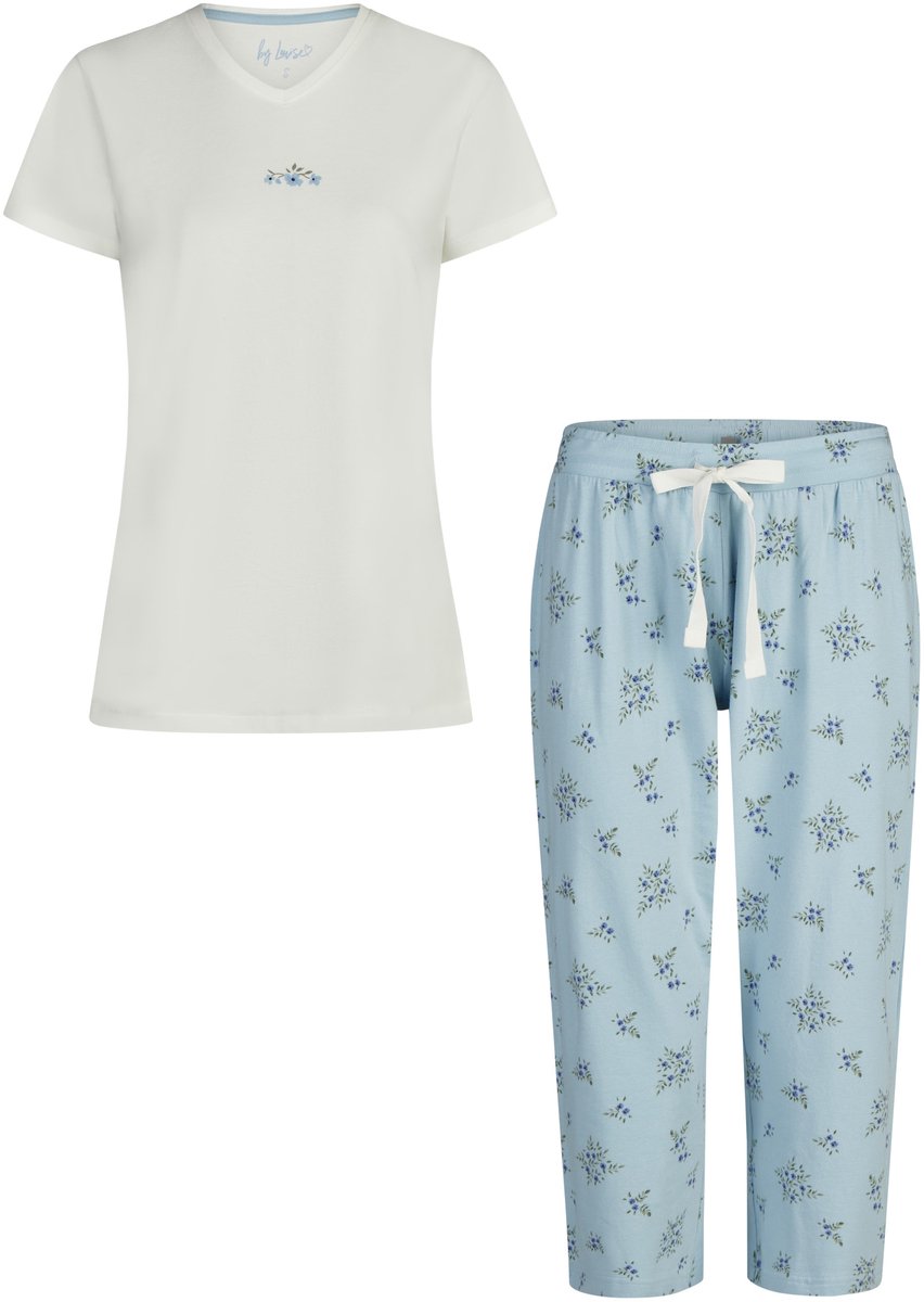 By Louise Dames Capri Pyjama Driekwart Broek V-hals Wit/Blauw Gebloemd