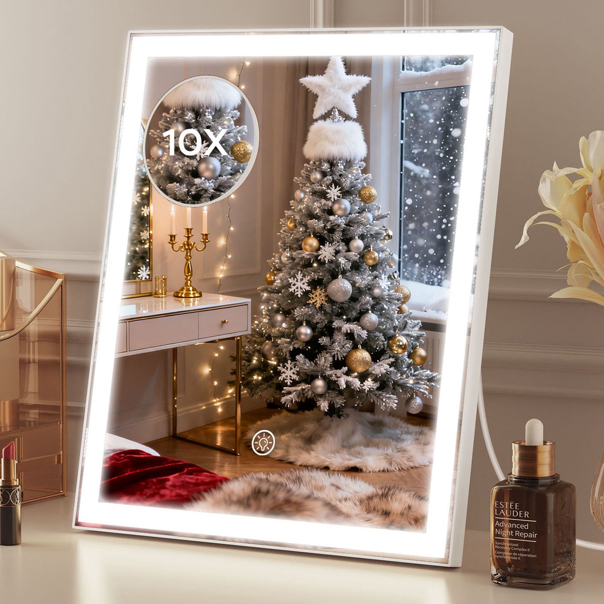 ANTENLICHT - Make Up Spiegel - 30x25CM - Make-Up Spiegel Met Verlichting - Scheerspiegel - 10x Vergroting - 3X LED Lichtstanden - Dimbaar - Draaibaar - Oplaadbaar - Wit