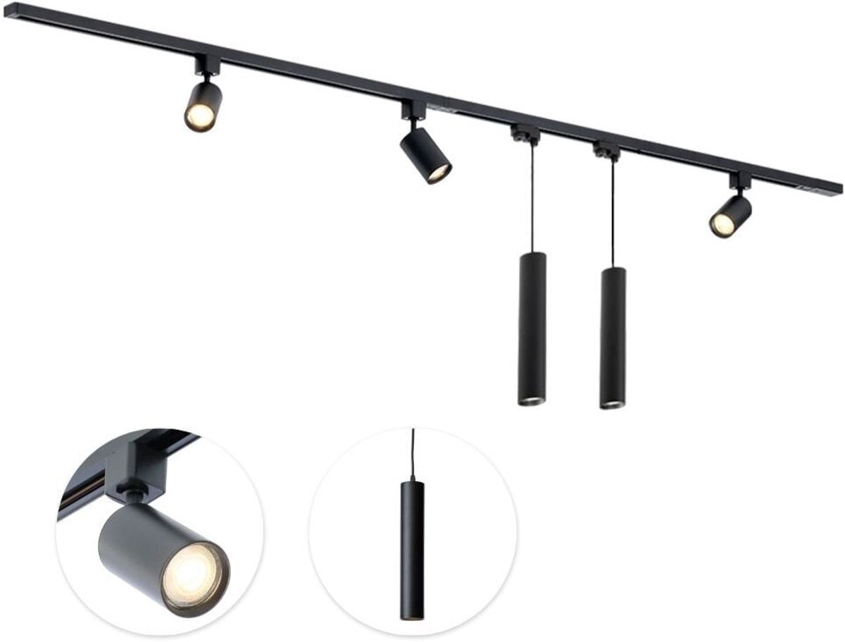 Qub Focus Railverlichting - Zwart - 300 cm - I-Vorm - 3 Spots & 2 Hanglampen - Dimbaar - Complete Set