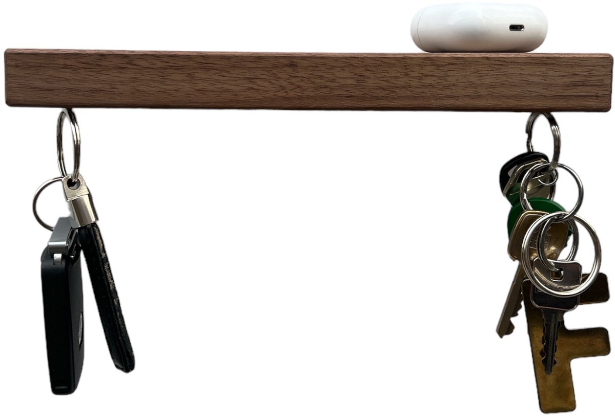 HangKey Plankie X Notenhout - Wandplank Sleutelrekje van Massief Notenhout - Sleutelkastje voor Binnen - Houten Sleutelhouder en Organizer - 24,5 x 7 x 2,4 cm
