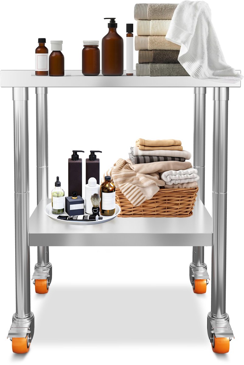 Aufun Werktafel Van Roestvrij Staal-61x46x85cm-Roestvrijstalen Grilltafel-Met 4 Wielen-CommerciëLe Keukenwerkbank-Restaurants En Scholen