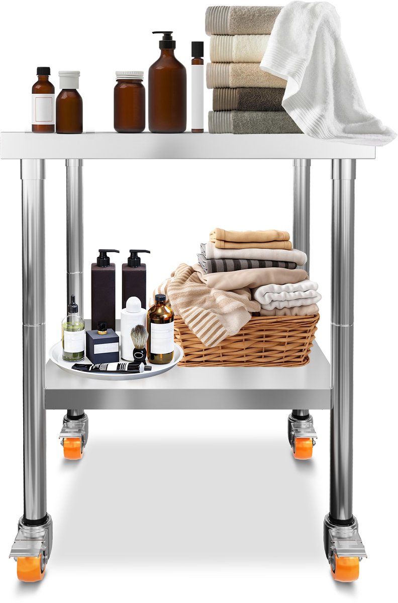Aufun Werktafel Van Roestvrij Staal-76x60x85cm-Roestvrijstalen Grilltafel-Met 4 Wielen-CommerciëLe Keukenwerkbank-Restaurants En Scholen