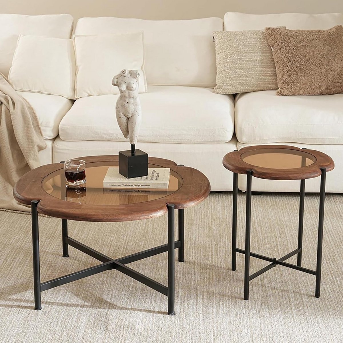 Ronde Salontafel met Glazen Top en Houten Onderstel - Set van 2