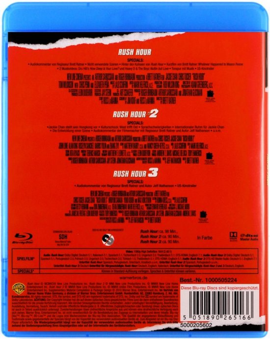 Blu-ray hoes met rode achtergrond. Toont informatie over de films Rush Hour 1, 2 en 3, inclusief cast, specials en technische specificaties.