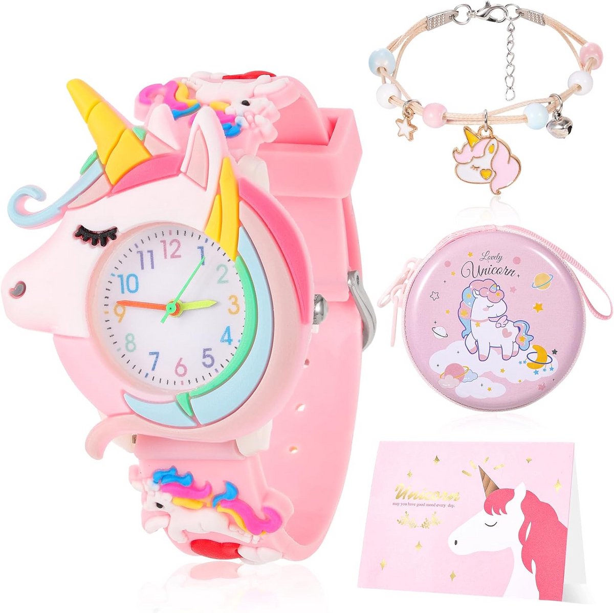 Kindershorloge Meisjes Roze Unicorn Sterren Regenboog Kwarts Analoog