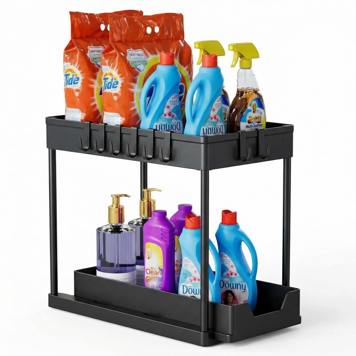 JustValue Kast Organizer - Uitschuifbaar - 2-Laags - Keuken - Gootsteenkast - Met Haken - Antislip - Zwart