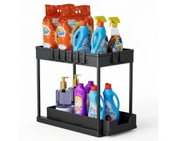 JustValue Kast Organizer - Uitschuifbaar - 2-Laags - Keuken - Gootsteenkast - Met Haken - Antislip - Zwart