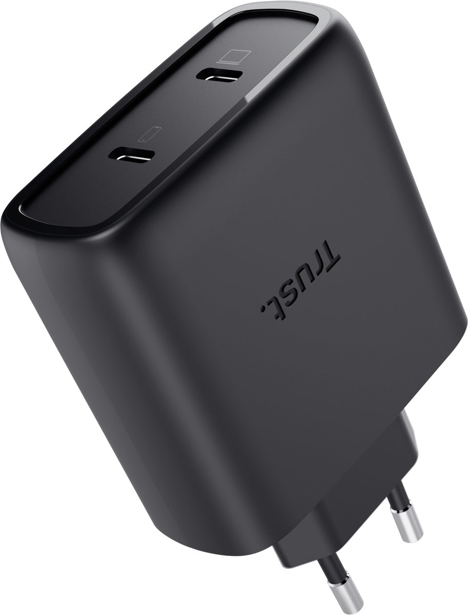 Trust Maxo 65W GaN USB-C Oplader – 2 USB-C Poorten – Snellader voor Laptop, Tablet en Smartphone – 2m kabel - Geschikt voor o.a. Lenovo, HP, Dell, Asus, Acer - Compact en Universeel – Zwart