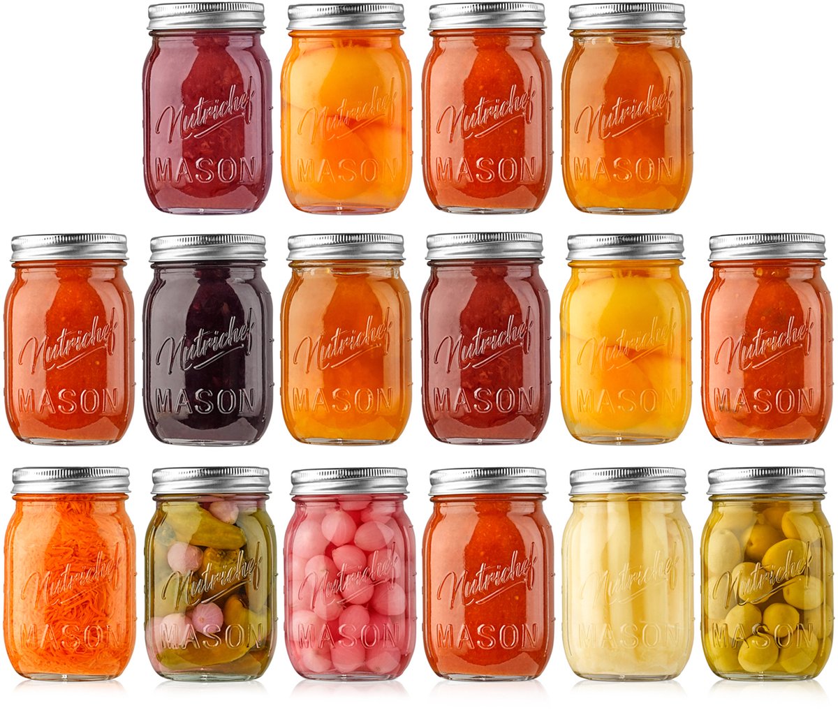 NutriChef Glazen Weckpotten – 16-delige set glazen pottjes met roestvrijstalen deksels – 473 ml