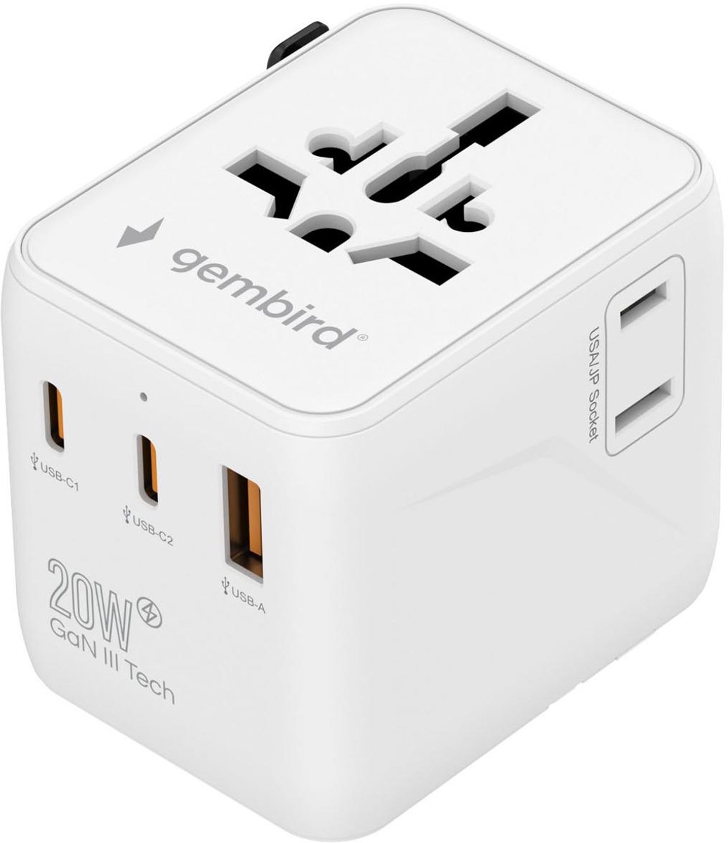 Gembird Universele Reisadapter 20 W - Ideaal voor Wereldreizigers, Wit