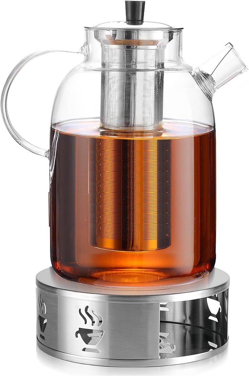 Glazen Theepot met Zeef 1,8L - Borosilicaatglas en RVS Warmhouder