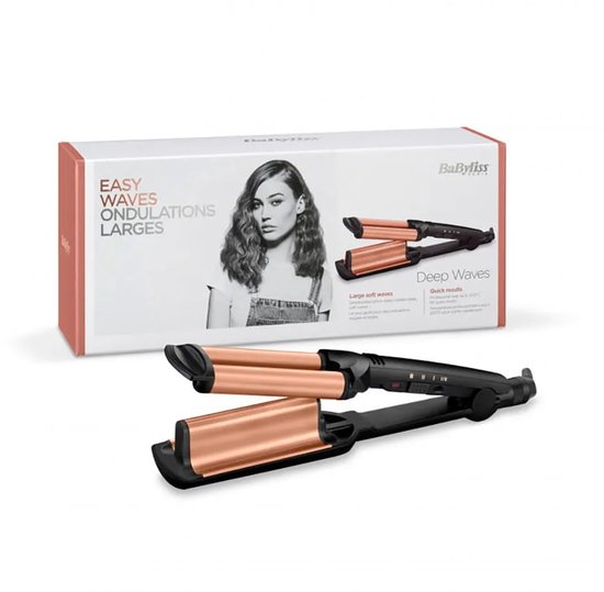 BaByliss Easy Waves krultang met koperkleurige golvende platen, naast de verpakking.